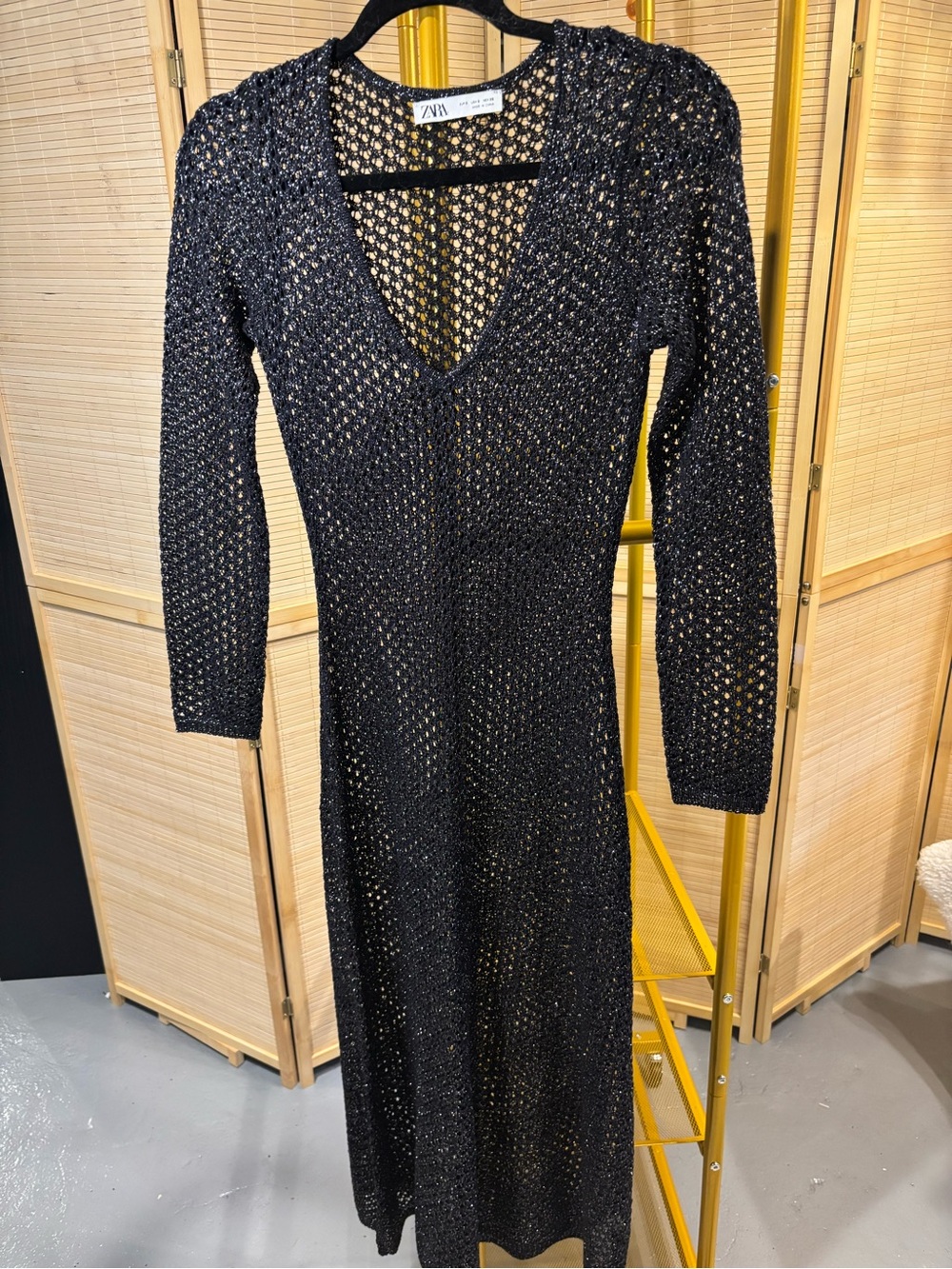 Zara Black Open-Weave V-Neck Long Sleeve Dress